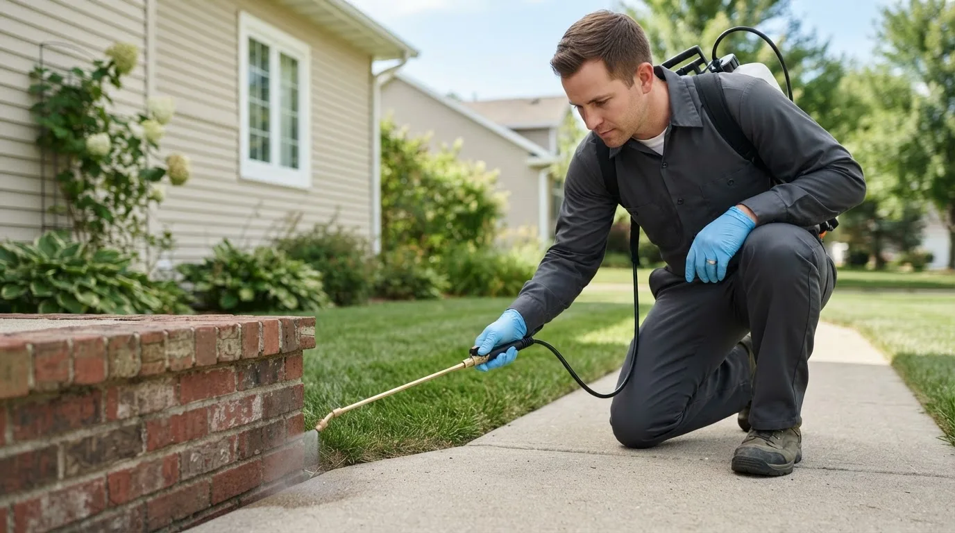 Pest control technician treating a home near Jamestown, MO