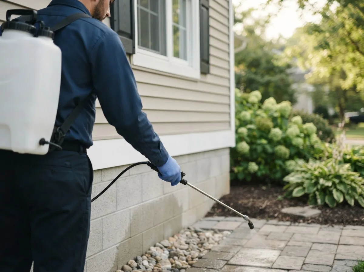 Pest control technician inspecting a home in Jamestown, MO